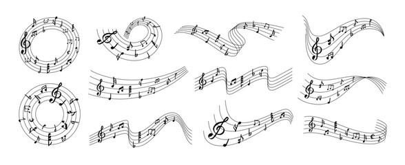 Music notes wave. Flowing musical staff lines with notes, clefs and melody rhythm patterns in dynamic circular, spiral and wavy shapes. Elegant swirling compositions for music posters. Vector set