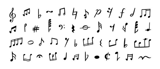 Doodle musical notes and symbols for melody, rhythm and composition. Clef, sharp, flat, rest and dynamics, accidentals sound hand drawn design musical elements. Vector sketch isolated set © Ukio.stock