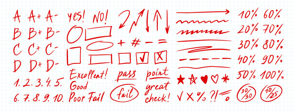 Grade mark. Hand drawn red marker doodle school grading marks, handwritten teacher exam test rating, English grades, pass or fail sketch percentage, checkbox, underline and arrow. Education vector