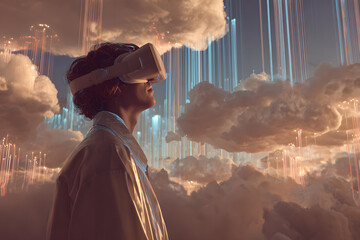 The individual is navigating a surreal virtual environment where data streams and glowing digital elements represent AI's influence in the virtual world.