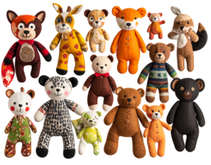  Mixed Fabric Animal Dolls with Button Eyes, Cozy Handmade Look, Transparent Background