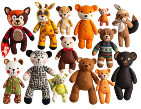  Mixed Fabric Animal Dolls with Button Eyes, Cozy Handmade Look, Transparent Background - Powered by Adobe