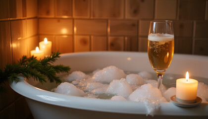 Relaxing bubble bath with champagne and candles, self-care concept