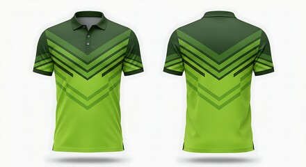 Front and back view of a lime green polo shirt with dark green geometric pattern.