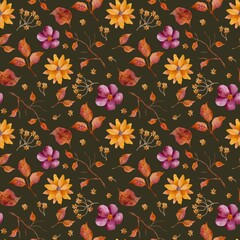 Watercolor seamless pattern of autumn flowers, branches and leaves in warm shades on dark background. Perfect for textile, wrapping paper, fabric, greeting cards, invitations and seasonal decor.