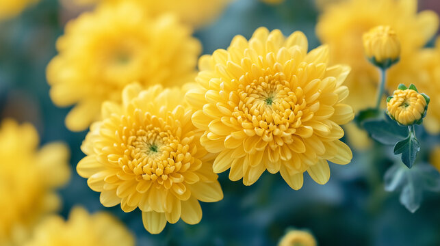 鮮やかな黄色い菊の花のクローズアップ/Close-up of vibrant yellow chrysanthemum flowers