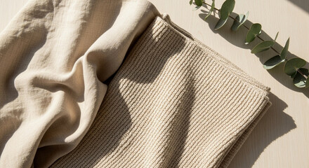 Minimal Flat Lay with Eucalyptus, Textured Fabric and Beige Linen - Soft Neutral Scandinavian Aesthetic with Natural Light
