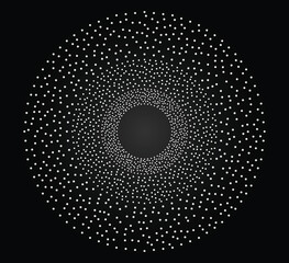  A circular pattern of white dots on a black background, with an empty center.