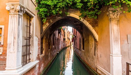 Venetian canal under ancient archway, sunlight reflecting on water, lush greenery overhead