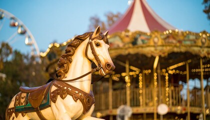 Enchanting carousel horse statue beckons to a whimsical childhood memory with nostalgic fairground lights