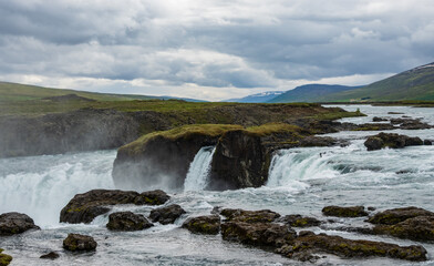 Godafoss, or Waterfall of the Gods on the river Skjalfandafljot near Akureyri in Northern Iceland is a popular tourist attraction