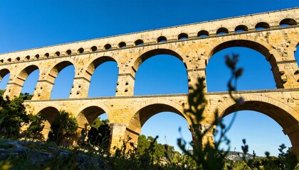 Fototapeta premium Majestic Roman aqueduct arches against a clear blue sky, ancient engineering marvel