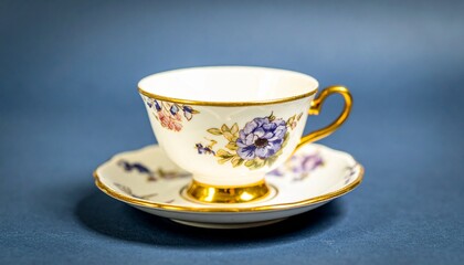 Fototapeta premium Elegant porcelain teacup with delicate floral pattern and gold accents, perfect for afternoon tea