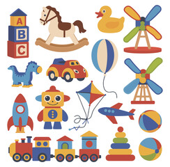 Obraz premium Colorful vector collection of classic children's toys for playtime. A set of vintage playthings and games for kids development.