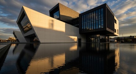 Angular Modern Architecture Bathed in Golden Hour Light with Rippled Reflections