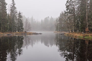 Swedish river and natural salmon area in winter. Farnebofjarden national park in north of Sweden.