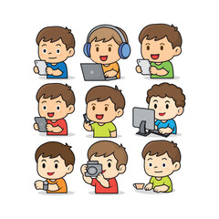Set of Kids with Technology Devices