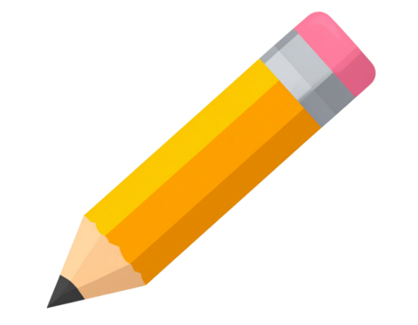  Flat Yellow Pencil Icon with Pink Eraser, Front Diagonal View, isolated on transparent background