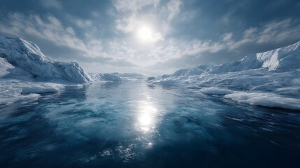 Melting polar ice caps under bright sun  climate crisis lighting