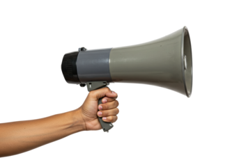 Public speaking event using megaphone urban setting action shot direct perspective communication dynamics. Cut out png