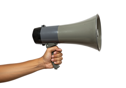 Public speaking event using megaphone urban setting action shot direct perspective communication dynamics. Cut out png