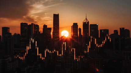 Financial chart overlays stunning city skyline at sunset, showcasing vibrant colors of sky and silhouettes of skyscrapers. scene evokes sense of opportunity and growth