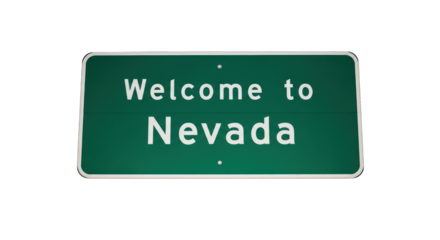 Green sign displaying "Welcome to Nevada" in white text. Isolated on black