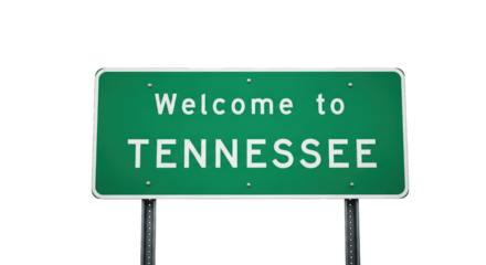 Green sign reads "Welcome to TENNESSEE" on black. Highway roadside marker