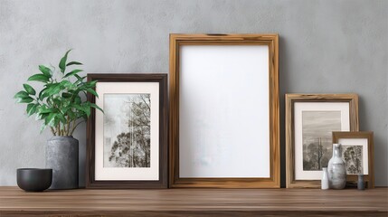 Modern standard A4 A3 size picture frame mockup transparent PNG set bundle, isolated background. Wood texture color with a mat, gallery, art painting photo.