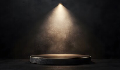 Black podium or pedestal for product presentation, round background with a spotlight illuminated in the middle of the darkness