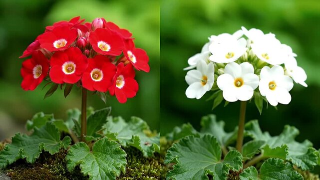 Vibrant Red and Pure White Primrose Flowers in Full Bloom Detailed Close-up of Beautiful Petals and Lush Green Leaves in a Natural Garden Setting