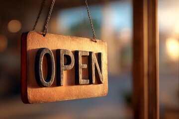 OPEN plaque in carved wood suspended by cord near window light, cozy cafe entrance signage with rustic feel