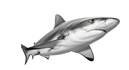 Grey shark swimming to the right, monochrome art against black background