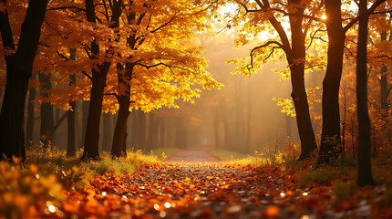 Autumn Forest Path with Golden Leaves in Warm Sunset Light