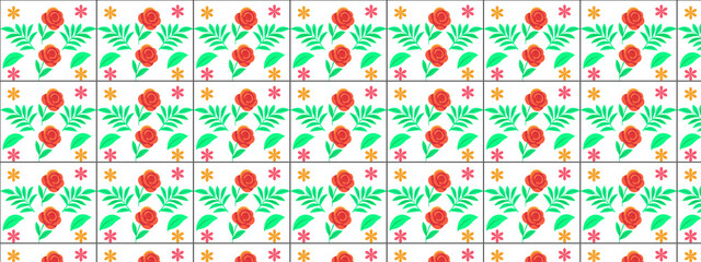 A seamless floral tile pattern featuring vibrant red roses and lush green leaves in a charming folk art style. Perfect for textile prints, wallpapers, ceramic tiles, and decorative design projects.