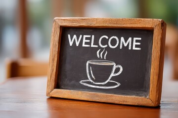 WELCOME chalkboard with steaming coffee cup icon, cafe entrance tabletop sign