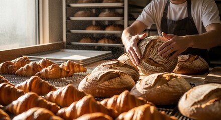 Artisan Baker Hands Gently Adjusting Freshly Baked Sourdough Loaf Amidst Golden Morning Light and Croissants