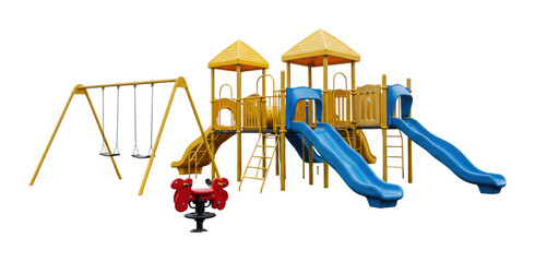 Children playing on colorful playground equipment urban park outdoor wide angle fun and adventure. Cut out png