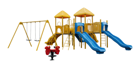 Children playing on colorful playground equipment urban park outdoor wide angle fun and adventure. Cut out png