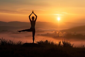 Sunrise yoga pose mountaintop silhouette