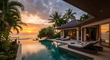 Fototapeta premium Luxury tropical villa with infinity pool overlooking ocean, golden hour