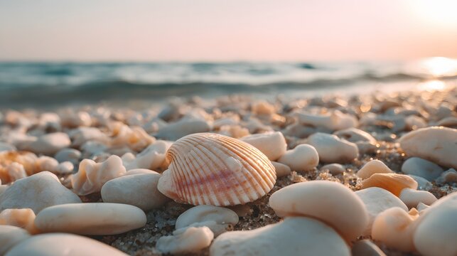 Close-up of a seashell on a beach.