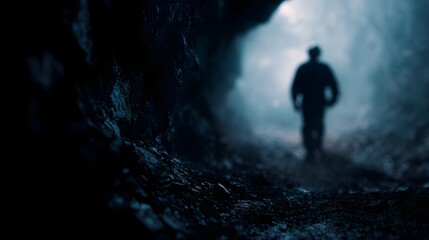 Fototapeta premium Coal miner walking through a dark underground tunnel