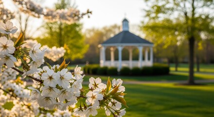 Naklejka premium A Serene Springtime Scene Featuring a White Gazebo Nestled Amongst Lush Greenery and Delicate Cherry Blossoms Bathed in Golden Hour Sunlight Creating a Peaceful Ambiance