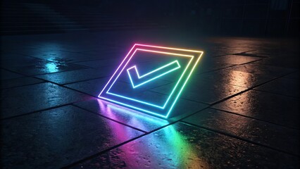 Glowing neon check mark in a square frame on a wet reflective surface