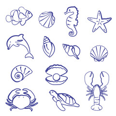 Hand drawn marine life illustrations. crab, turtle, dolphin, seashells, starfish, seahorse, lobster. 