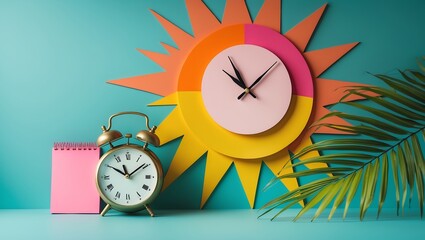 Retro alarm clock and colorful sun decoration with tropical leaves