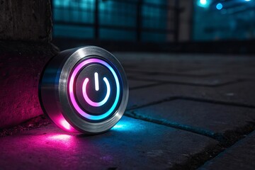 Illuminated power button with neon glow and futuristic design