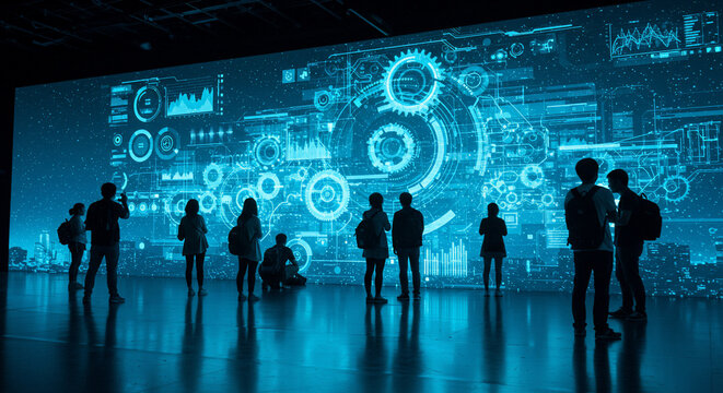 Silhouetted people stand before a large screen displaying complex blue digital data, graphs, and charts in a modern, reflective space.
