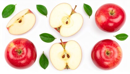 Naklejka premium Red apple with leaf, Many ripe juicy red apples covered with water drops as background, Red apple with half isolated on white background with clipping path and full depth of field. Top view. Flat lay.